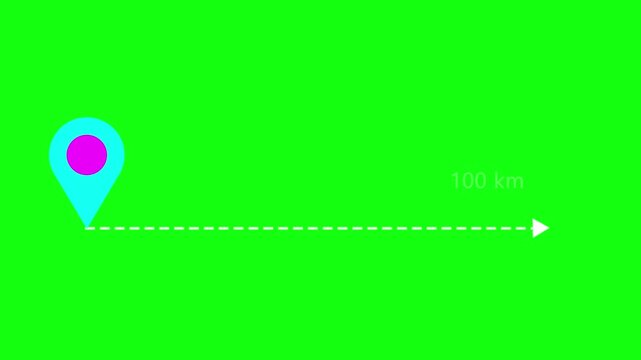 A bright green background a cyan map pin with a magenta circle inside and a dashed white line extending to the right from its base