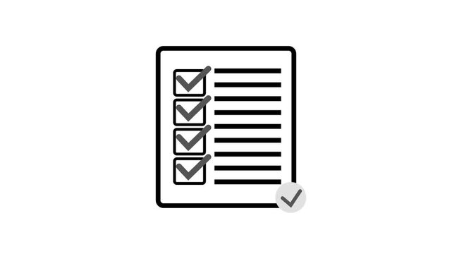A simple black and white of a checklist on a white background with four marked with checkmarks and one left unchecked, representing completion and tasks, on a clean white isolated background