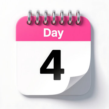 Desktop flip calendar showing day 4 on white background with pink header and metal spiral binding for organization and timekeeping reminders front view.