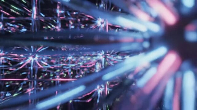 Abstract futuristic neon light grid with digital network lines in dark infinite space