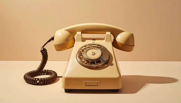 A vintage rotary phone on a table against a beige background
