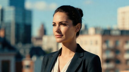 Obraz premium Closeup businesswoman gazing across urban rooftop skyline