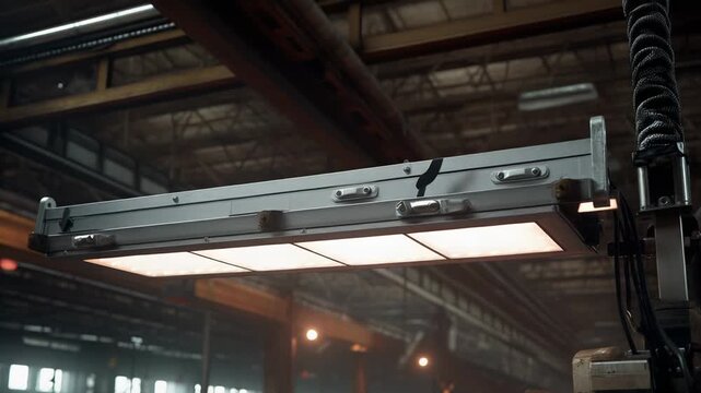 Bright operating industrial panel light fixed in a factory ceiling, providing essential illumination for production and manufacturing processes inside a modern warehouse facility