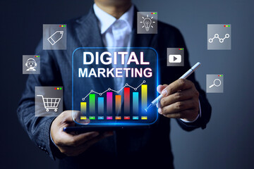 digital marketing concept businessman show data market analysis to social media strategy planning on virtual interface