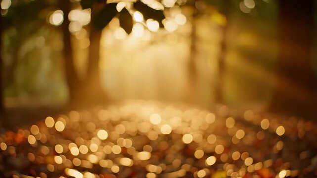 Golden Sunbeams Shine Through Autumn Forest Floor Covered in Leaves, Bokeh Effect