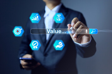 value proposition concept with businessman searching on search bar represents define core value activity such as quality, creativity, honesty and right