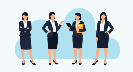 Fototapeta premium Four successful businesswomen standing together in professional suits against a soft blue sky and cloud background.