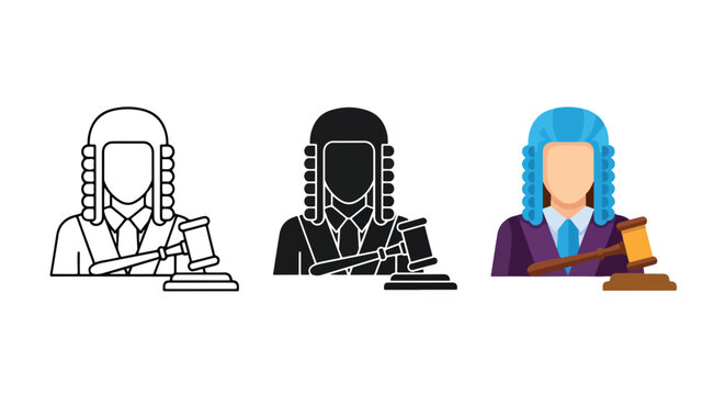 Judge in wig with gavel icon set - Line and glyph solid icon and logo template - Clipart, sticker - icon set