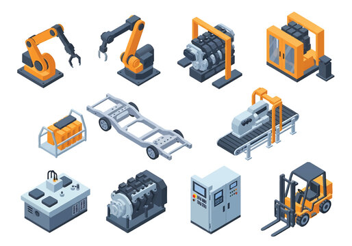 Isometric 3D automotive manufacturing factory set with robotic welding arm, car chassis assembly line, engine station and forklift, modern smart industry concept