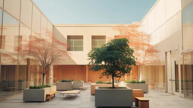 Contemporary architecture defining an outdoor relaxation space, featuring a central green tree, bare trees with reddish leaves, and glass walls reflecting the serene surroundings and sky