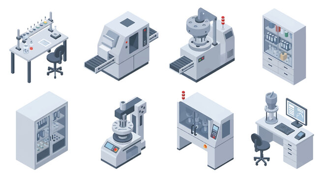 Isometric 3D pharmaceutical factory set with tablet press machine, capsule filling unit and sterile packaging line, healthcare production industry concept