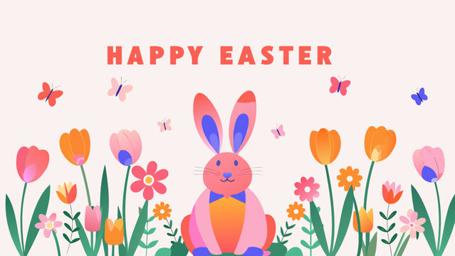 Cheerful easter rabbit sitting in blooming spring flowers with butterflies and 'happy easter' text