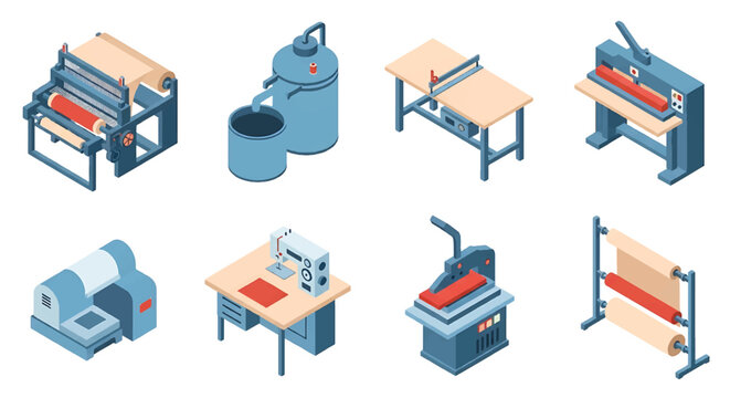 Isometric 3D textile factory set with weaving machine, dyeing tank and sewing station, garment manufacturing and fashion industry production concept