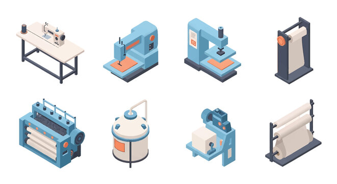 Isometric 3D textile factory set with weaving machine, dyeing tank and sewing station, garment manufacturing and fashion industry production concept