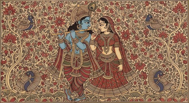 Traditional Indian Art Depiction of Krishna and Radha Playing Flute Amid Floral and Nature Motifs