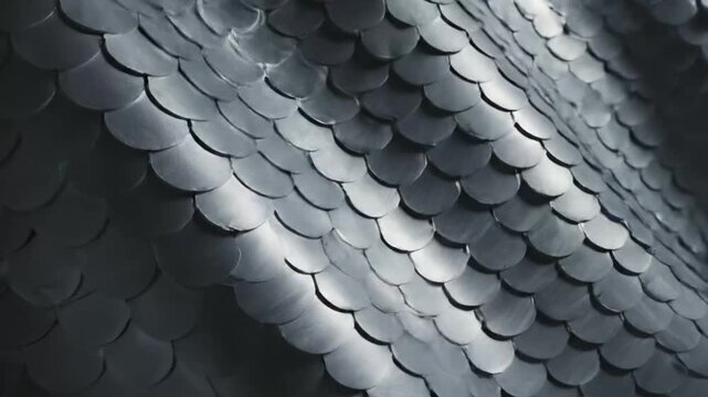 Abstract macro shot of a metallic silver scaled texture with soft lighting and flowing shapes