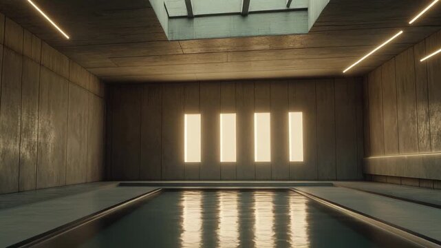 Modern brutalist indoor pool with exposed concrete walls, skylight and ambient strip lighting casting serene reflections on still water for a minimalist, luxurious interior retreat