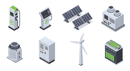 Isometric 3D renewable energy set with solar panels, wind turbine and battery storage system, clean power and sustainable industry concept © Amie
