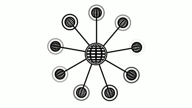 Black and white of a central globe linked to eight smaller globe in a circular arrangement on a plain white background