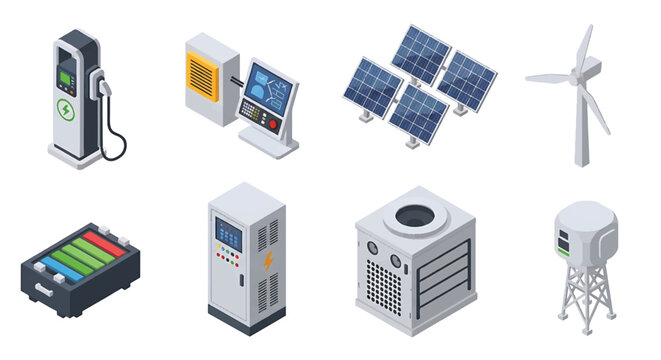 Isometric 3D renewable energy set with solar panels, wind turbine and battery storage system, clean power and sustainable industry concept