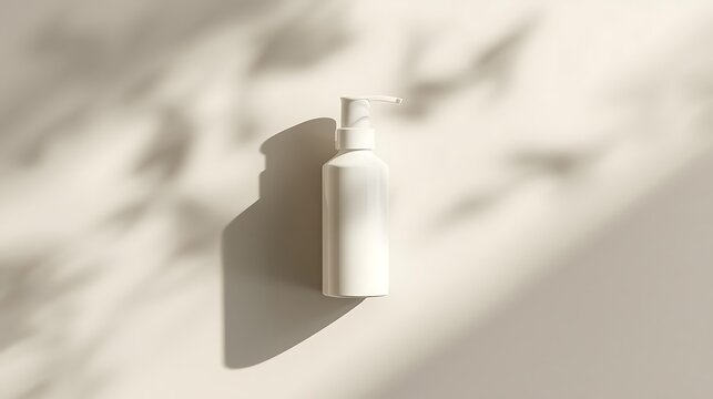Top view opaque white pump bottle mockup with soft natural sun shadows with lotion bottle