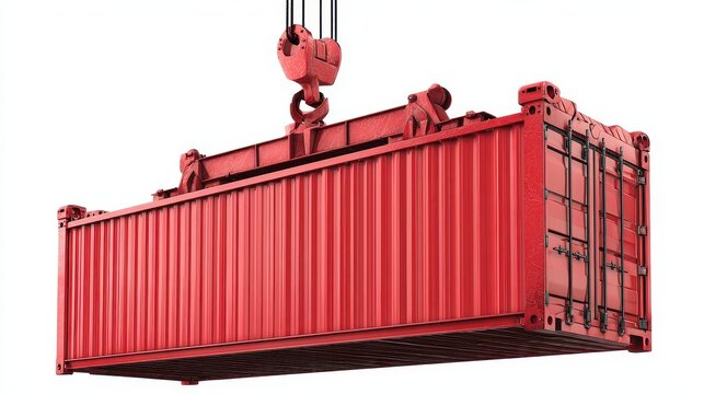 Red cargo shipping container suspended by crane isolated on white background