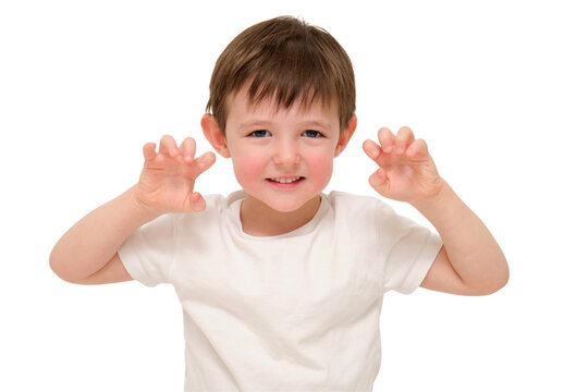 Child boy making monster claw hands gesture on transparent background. Little kid playing and imitating animal roar. Cheerful portrait of young boy having fun and smiling. Childhood activity concept.