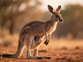 Fototapeta premium Kangaroo Mother Carrying Joey in Pouch in Natural Habitat