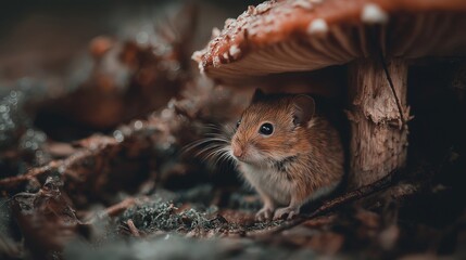 Naklejka premium Adorable Mouse Hiding Under Mushroom Cap