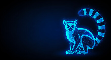 Fototapeta premium Vibrant blue neon illustration of a ring-tailed lemur sitting beside a circular pattern, set against a dark backdrop for a futuristic effect.