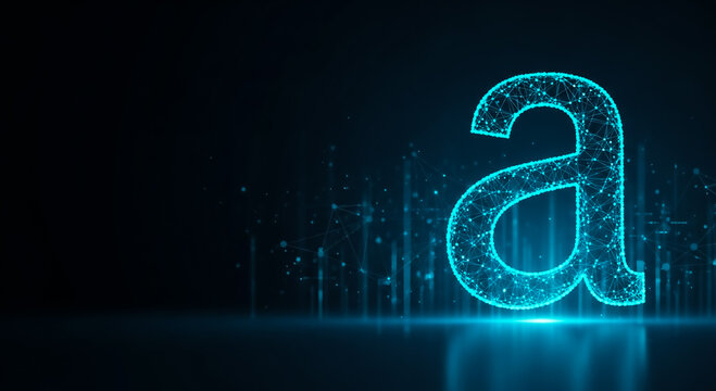 A luminous blue letter 'a' composed of digital particles, set against a dark tech-inspired backdrop with light trails and binary code effects.
