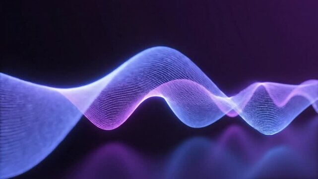 Abstract futuristic digital wave form animation of blue and purple light particles in motion against dark background