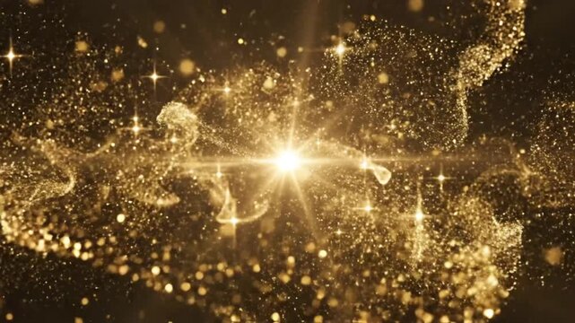 Luxurious shimmering golden particles flow and explode in an elegant dark background with bright starburst light