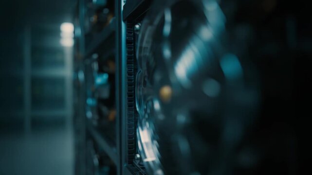 Server cooling fans are spinning on racks of cryptocurrency mining equipment, processing digital transactions and generating computational power inside a data center