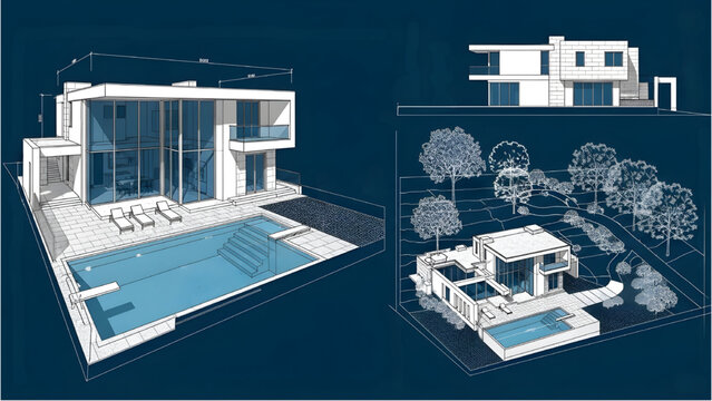 3D AutoCAD blueprint of modern home, side and front elevations, pool, glass walls, park with trees, technical drawing, architectural design