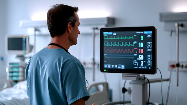 Male doctor in blue scrubs monitoring patient vitals and ECG heartbeat on a digital screen in a modern hospital ward. Medical technology, intensive care, and healthcare professional concept.
