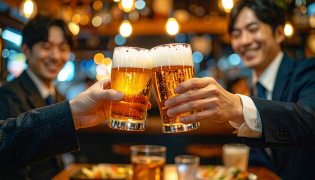 居酒屋でビールを交わして乾杯する日本のビジネスマンたち　飲み会イメージ