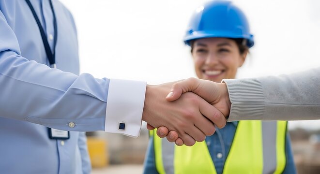 Business handshake between man in blue shirt and woman in safety vest and hard hat 1