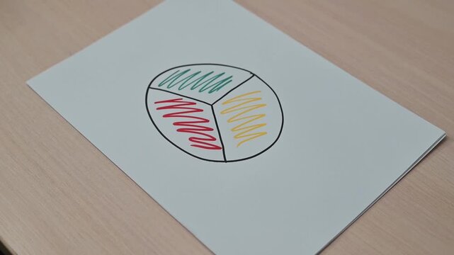 A hand draws segments of a pie chart using colored pencils on a blank sheet of paper. This activity highlights creative expression and educational techniques for understanding data representation