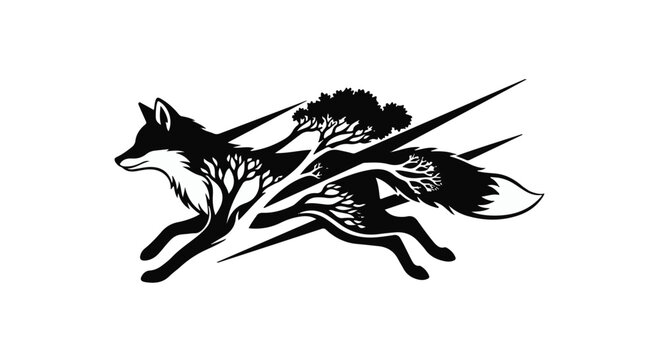 Running fox illustration features a body intricately composed of trees and branches.