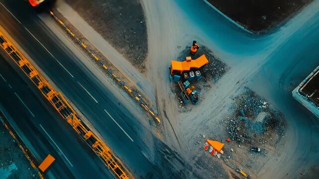 Drone view capturing an active construction site with roads, a building foundation, and orange safety barriers, highlighting ongoing infrastructure expansion and traffic flow