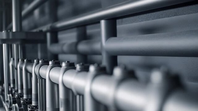Industrial manufacturing equipment with rows of metal pipelines, precision valves, and gauges forming a complex system in a production facility, illustrating modern engineering and technology