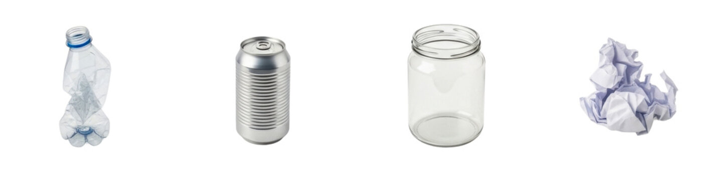 A studio collection of common recyclable materials including a plastic bottle, an aluminum can, a glass jar, and crumpled paper, suitable for environmental awareness campaigns and