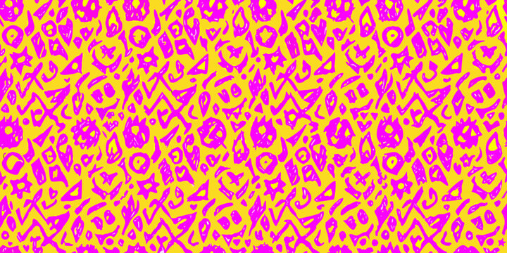 Abstract pattern of vibrant pink shapes on a bright yellow background