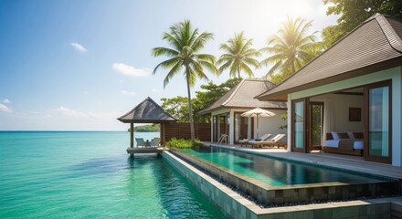 Fototapeta premium Turquoise Swimming Pool Villa Under Sunlight With Palms And Ocean