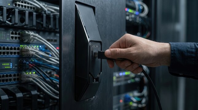 IT Administrator Hand Plugging Network Cable Into Secure Server Rack

