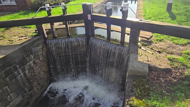 Locked-down video of the Grand Canal Lock, canal flowing closeup.