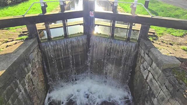 Locked-down video of the Grand Canal Lock, canal flowing closeup.