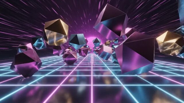 Futuristic neon geometric shapes floating through a purple and blue grid space tunnel