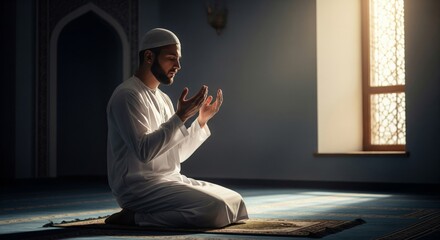 Fototapeta premium Muslim Man Praying on Knees in Mosque with Sunlight Through Window